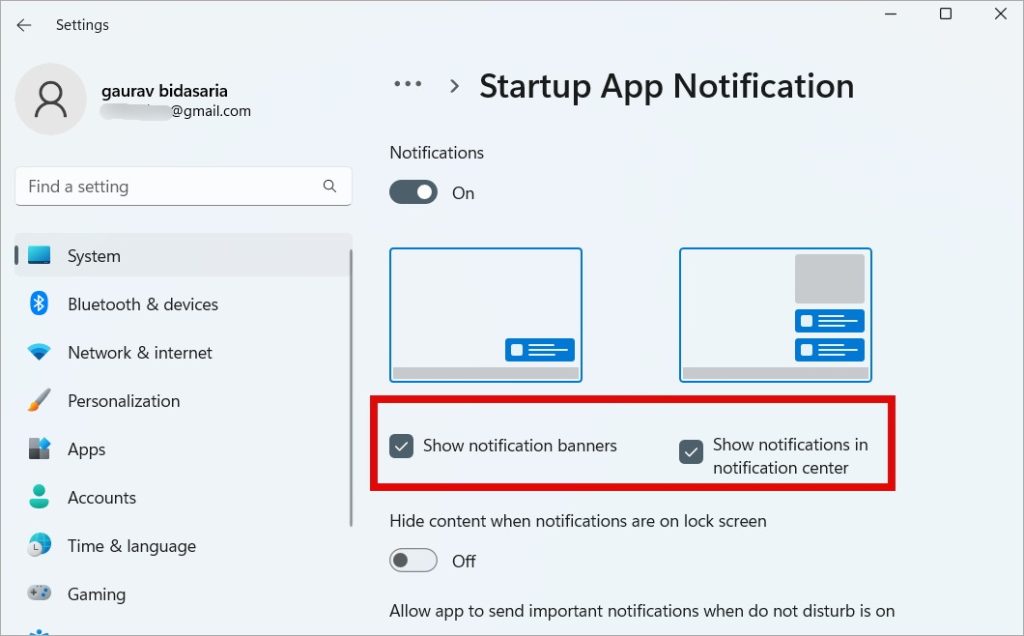 startup app list notification settings in windows settings
