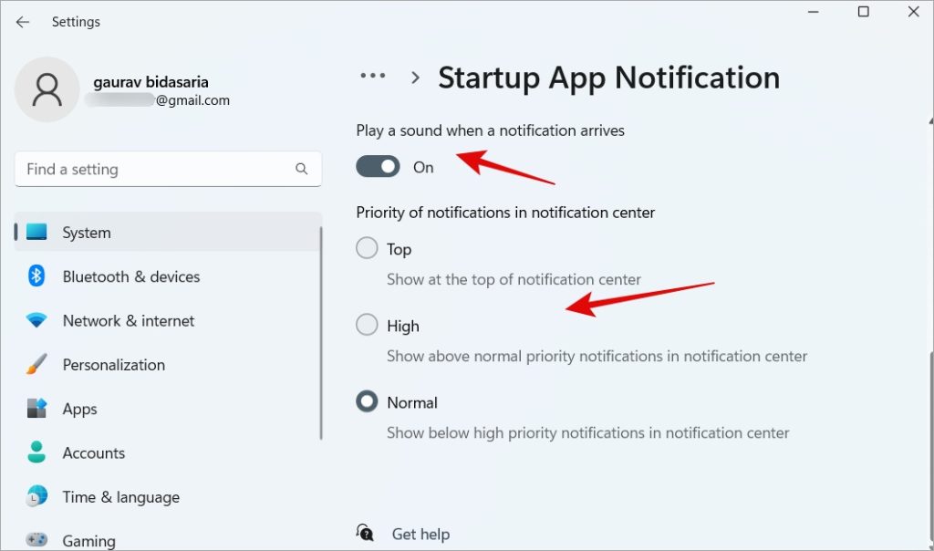 startup app notification priority level on windows