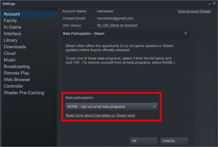 opting out of beta program on steam client on windows