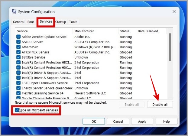 Hide Microsoft Services in System Configuration on Windows 11