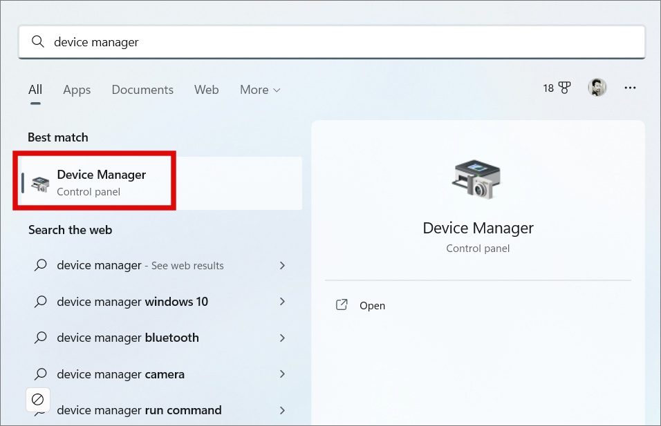 open windows device manager from start menu