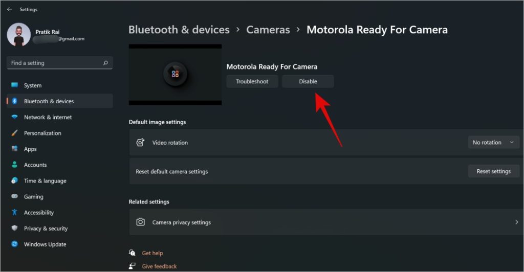 disable webcam from windows settings
