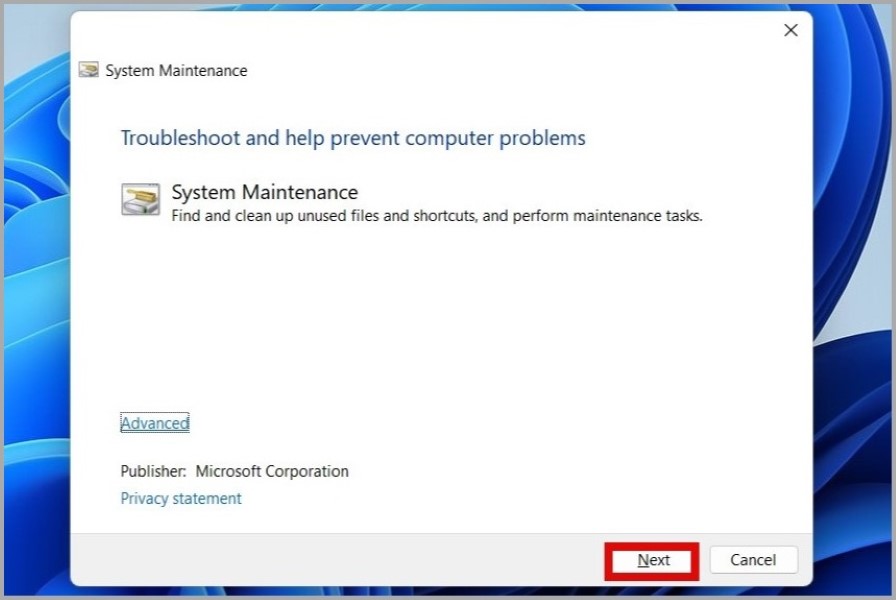 System Maintenance Troubleshooter on Windows 11