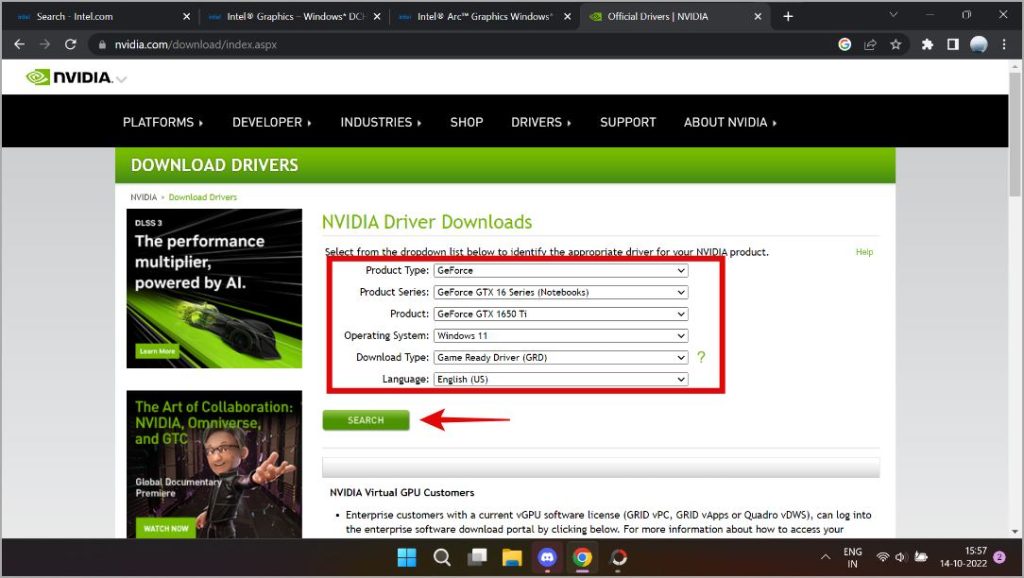 searching and download nvidia drivers 