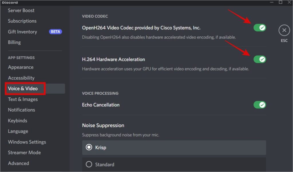 disable hardware acceleration and video codec in discord app on windows
