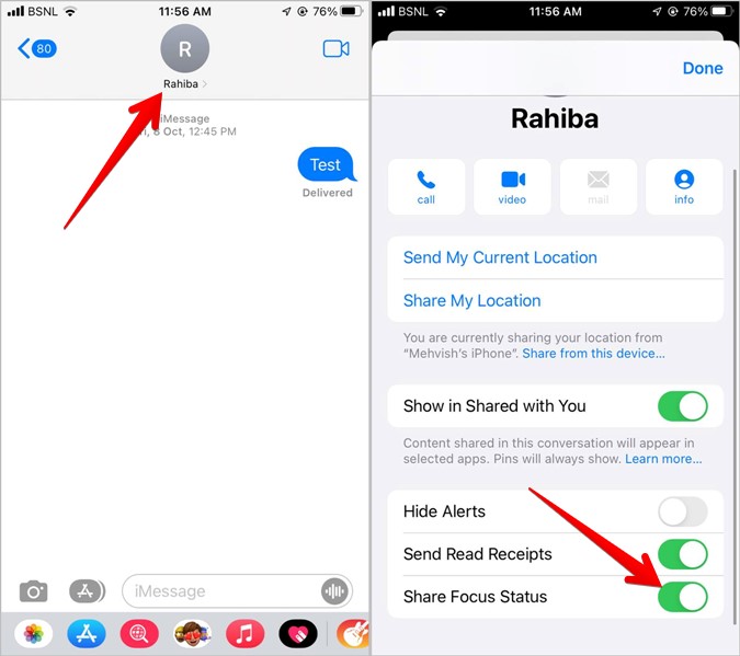enable/disable focus status sharing for individual contacts
