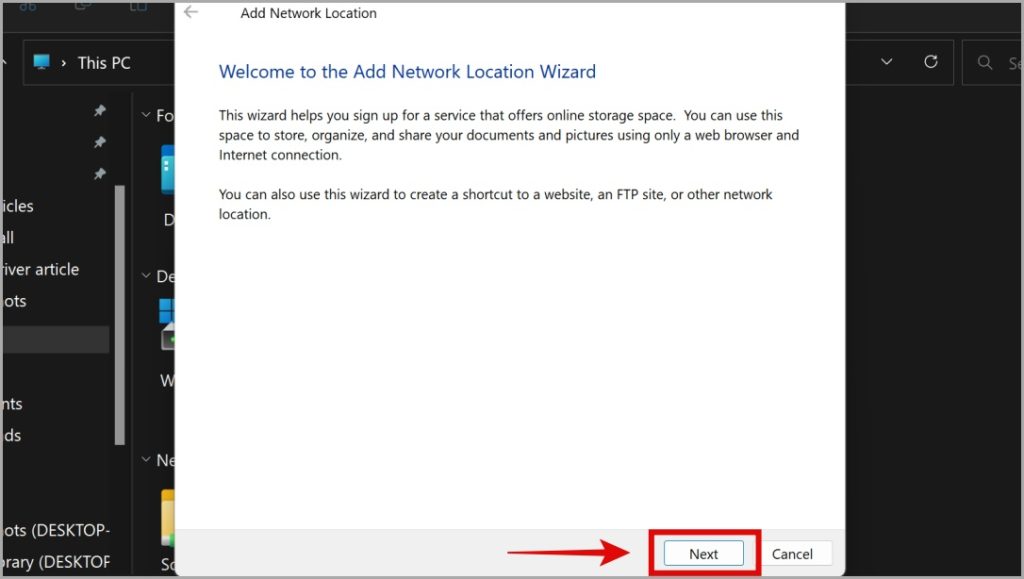 add network location wizard in windows 11