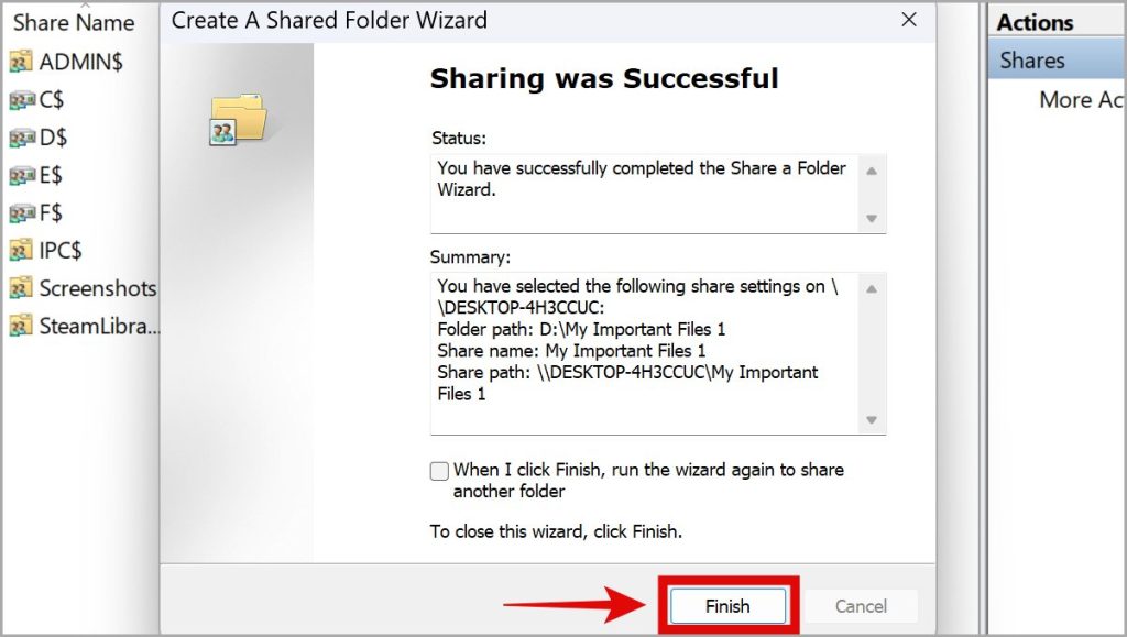 completing shared folder wizard in windows 11