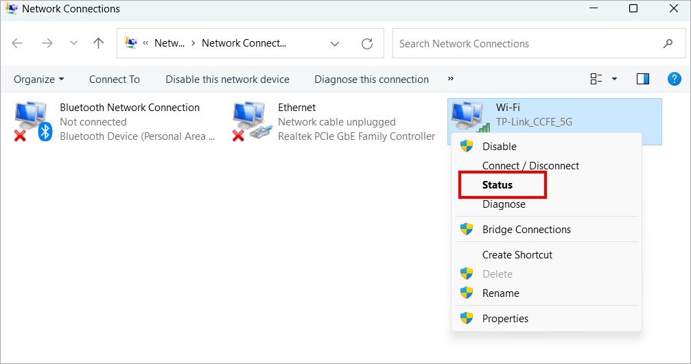 network connection status on windows 11