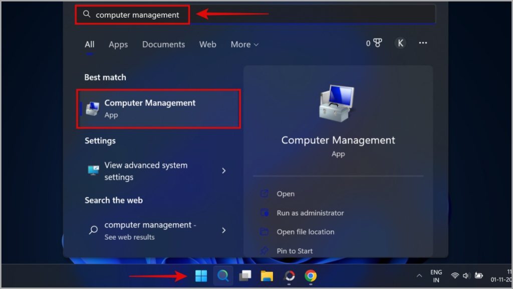 open computer management from start menu on windows
