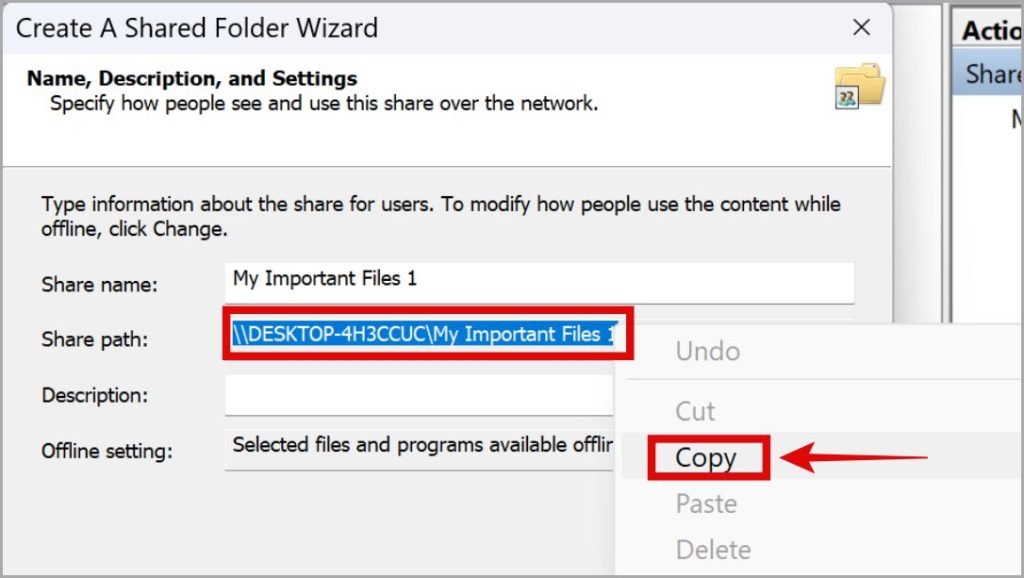 copying folder path in shared folder wizard