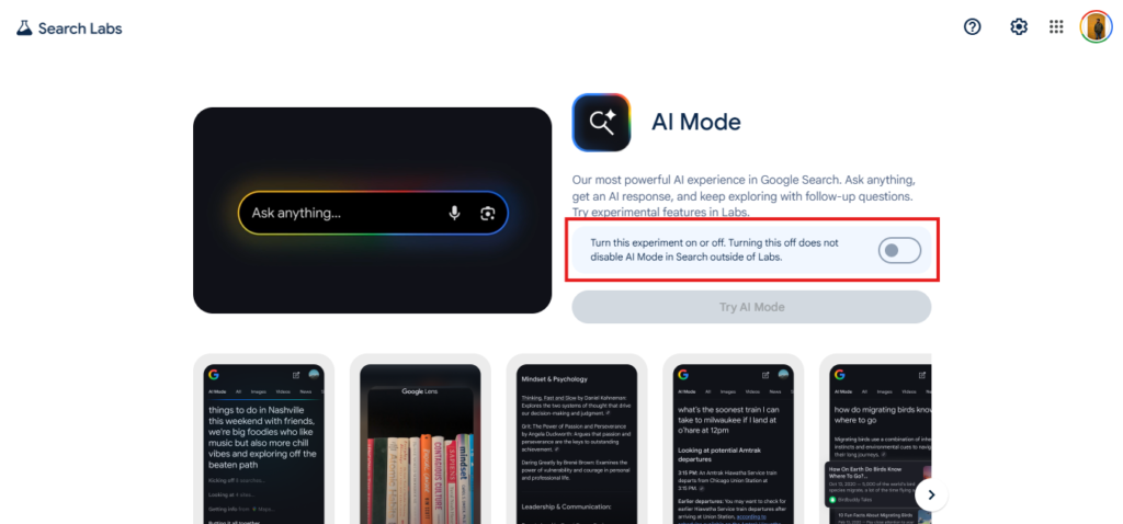 Turning off AI Overviews in Google Search Labs settings