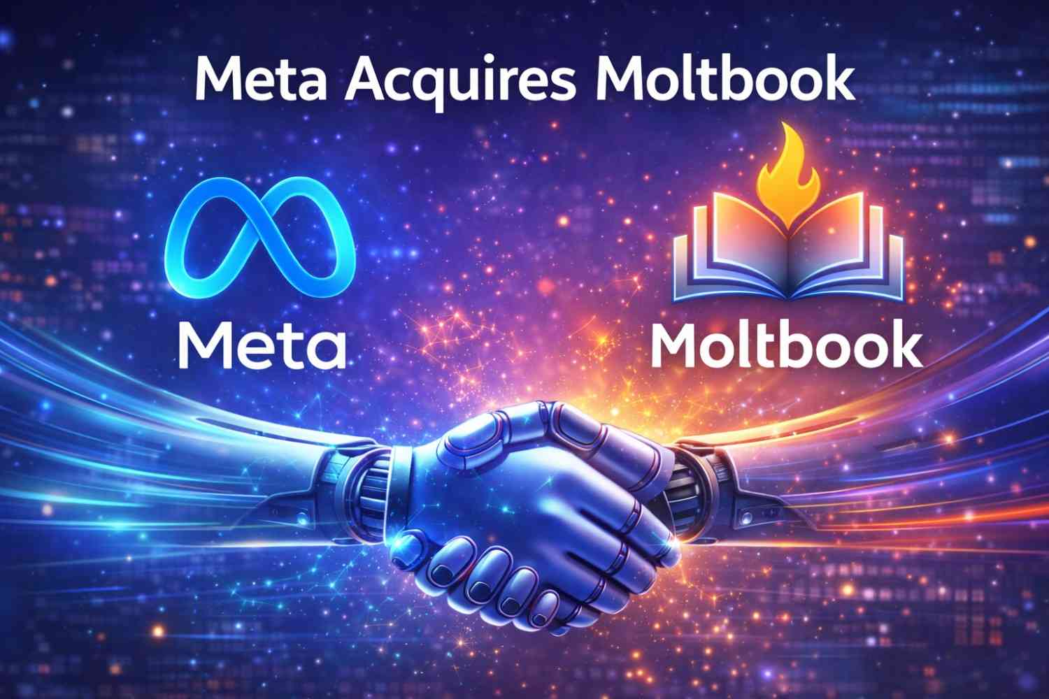 Robotic handshake between Meta and Moltbook logos symbolizing a technology acquisition and partnership announcement.