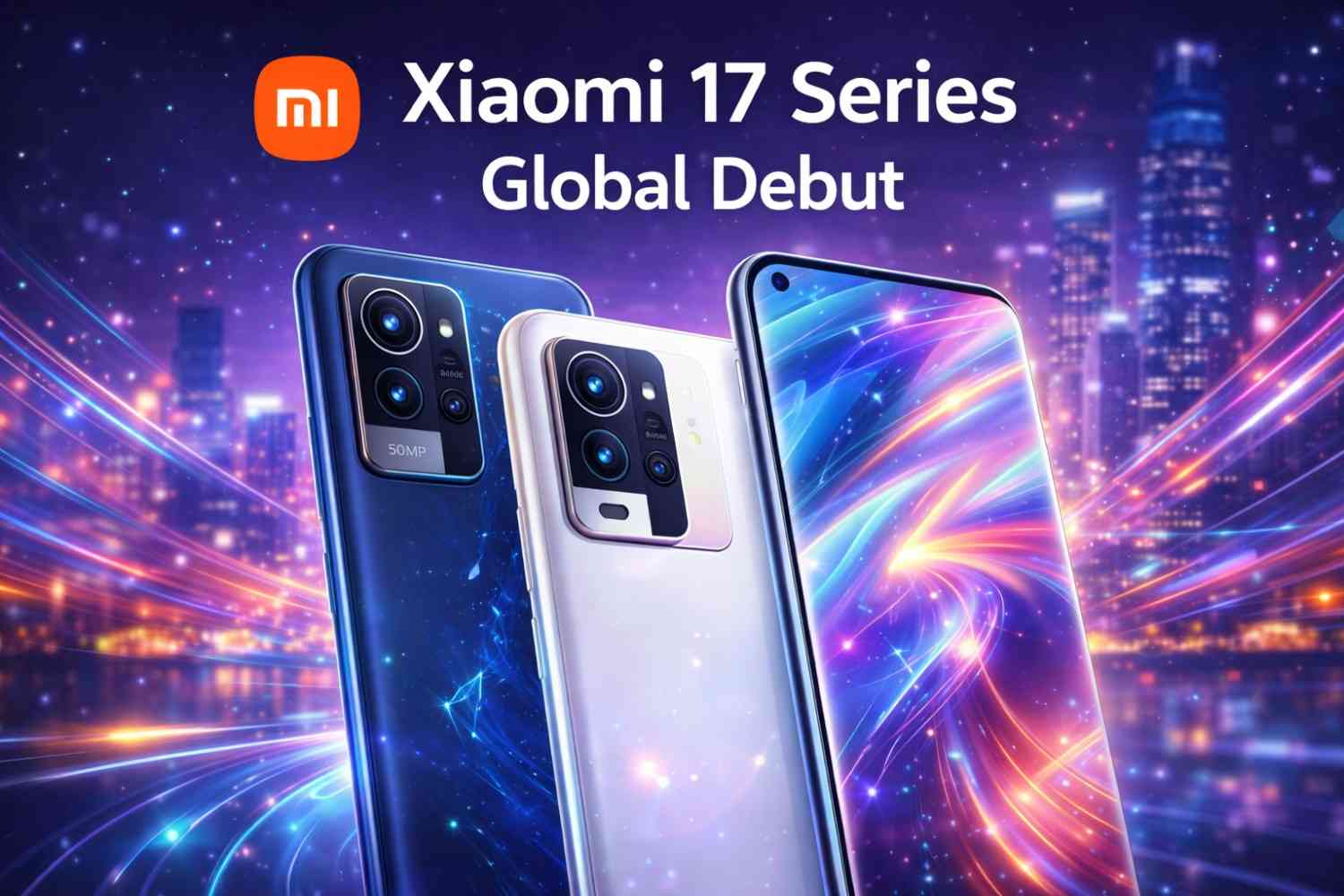 Sleek Xiaomi smartphones displayed against a futuristic city background highlighting the Xiaomi 17 Series global launch.