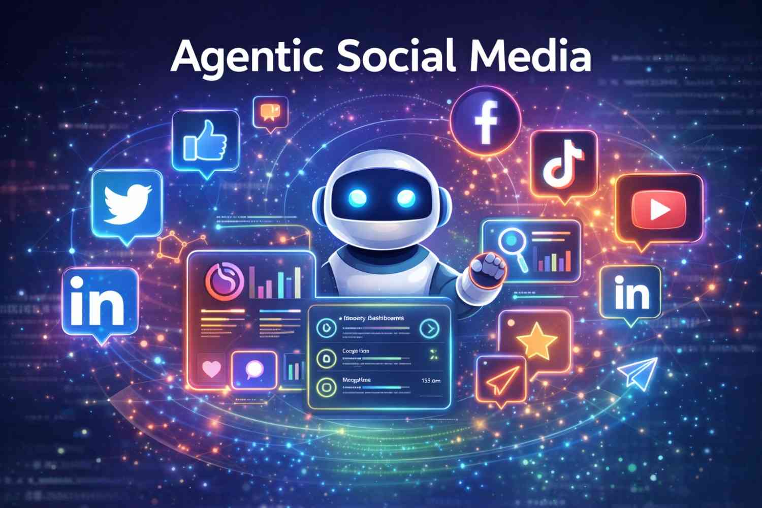 AI robot interacting with floating social media icons, analytics dashboards, and engagement symbols representing automated social media agents.