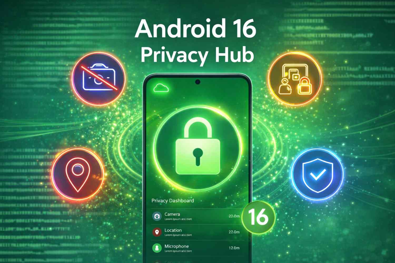 Smartphone with a glowing lock icon and privacy symbols like location, camera, and security representing Android 16 Privacy Hub features.