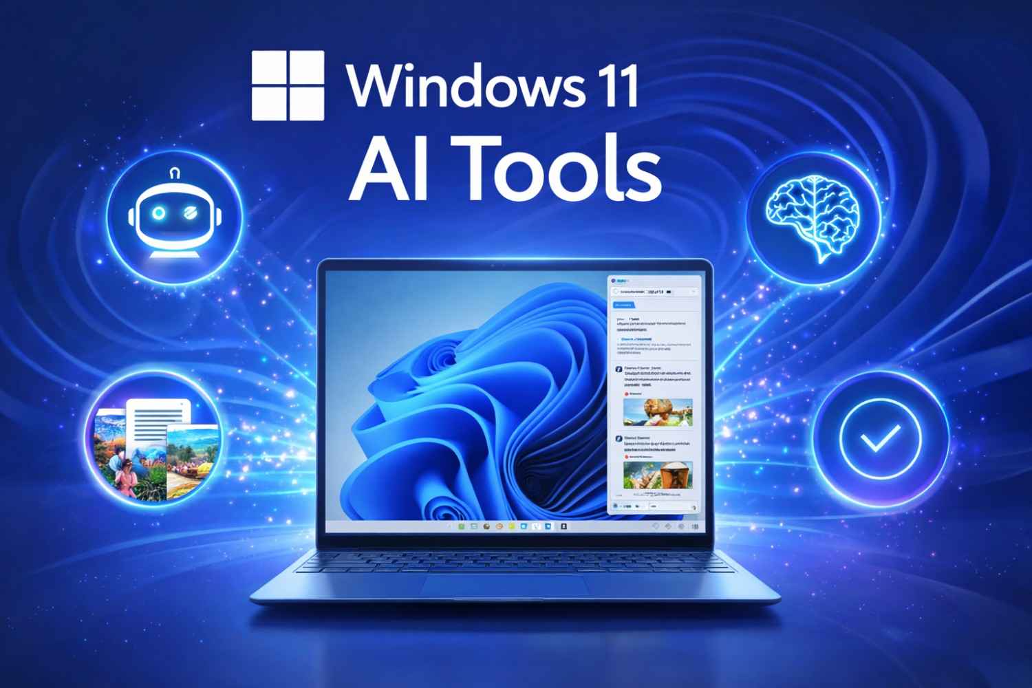 Windows 11 laptop interface surrounded by glowing AI icons representing automation, productivity, and intelligent features.