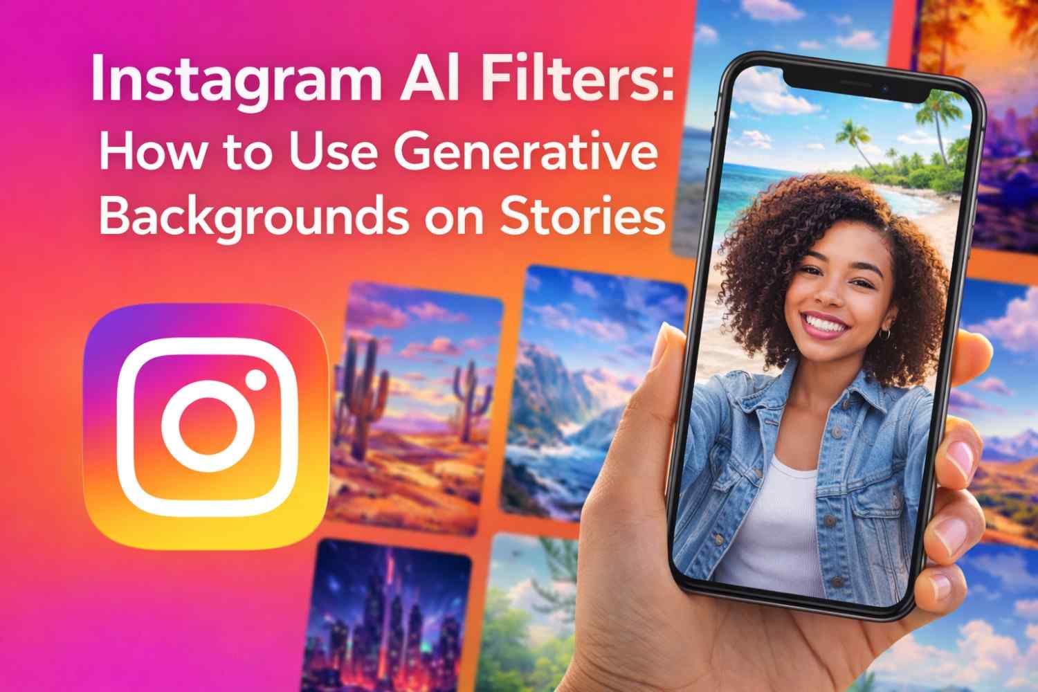 Smartphone selfie with AI-generated scenic backgrounds and the Instagram logo on a colorful gradient interface.